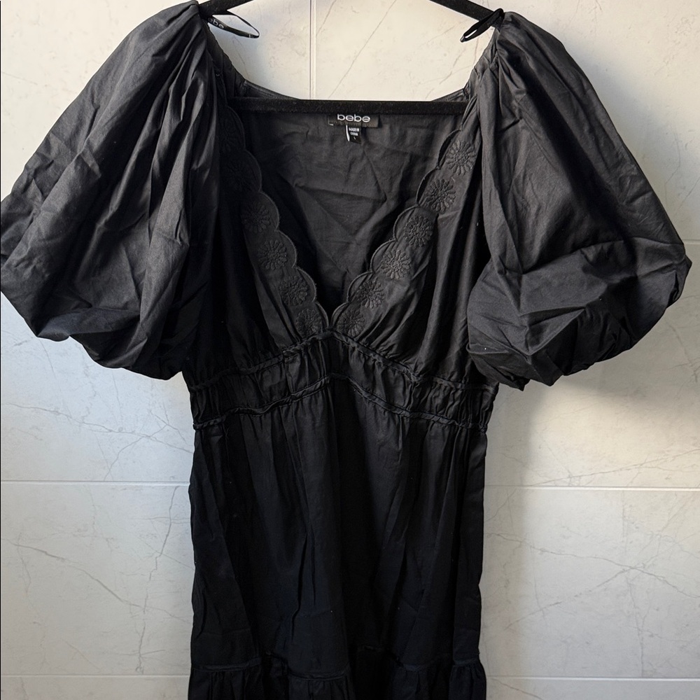 bebe Black Puff-Sleeve V-Neck Mini Dress